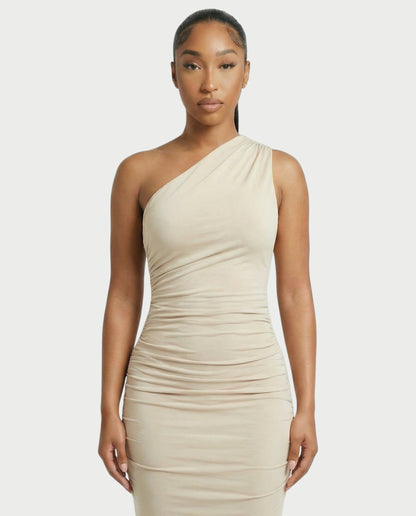 HANIMA One-Shoulder Ruched Maxi Dress